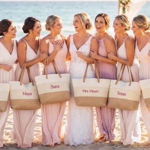 Personalized Bridesmaid Gift Tote Bag, Woven Straw Beach Tote Bag Set, Monogrammed Beach Bag for Her, Tan Shoulder Bag, Boat Bag with Zipper
