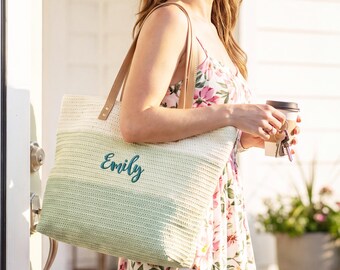 Personalized Woven Beach Tote Bag with Zipper, Custom Monogrammed Straw Bag