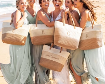 Personalized Woven Beach Tote Bag with Zipper, Custom Monogrammed Straw Bag