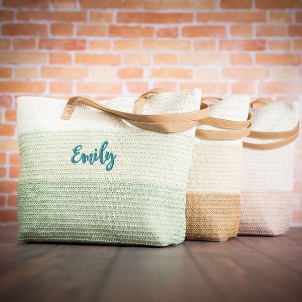 Custom Tote Bag, Personalized Paper Straw Beach Tote Bag Set, Monogrammed Beach Bag with Zipper, Custom Text Tote Personalized Gift