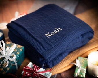 Personalized Cable Knit Heavyweight Blanket, Christmas Gift Monogrammed Fleece Blanket with Name Holiday Present, Custom Name Plush Throw