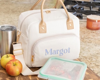Custom Corduroy Lunch Tote Bag, Personalized Gift for Mom, Women's Insulated Cooler Picnic Bag