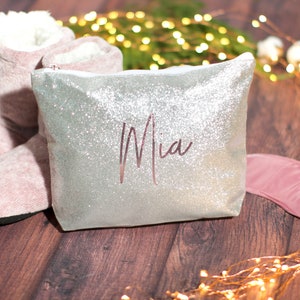 Custom Name Glitter Cosmetic Bag, Holiday Gift Personalized Glitter Makeup Case, Christmas Makeup Bag, Gold Bag Silver Travel Toiletry Pouch