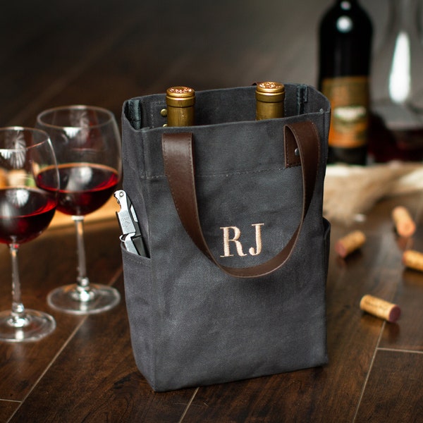 Housewarming Gift Twin Bottle Wine Tote, Wine Lover Party Gift, Personalized Wine Carrier Caddy, Open House Gift, Canvas Wine Travel Bag