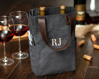 Housewarming Gift Twin Bottle Wine Tote, Wine Lover Party Gift, Personalized Wine Carrier Caddy, Open House Gift, Canvas Wine Travel Bag