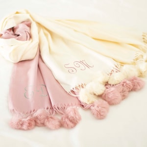 Personalized Plush Pashmina Scarf, Custom Holiday Gift, Christmas Present for Her, Friends, Coworkers, Pom Pom Scarf, Super Soft Shawl