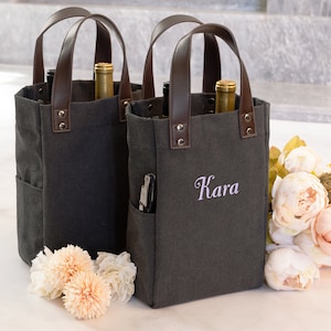 2 Bottle Wine Tote, Personalized Double Bottle Wine Carrier, Bridesmaid Gift Twin Wine Caddy, Canvas Wine Bag, Custom Name Wine Lover Gift