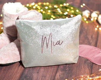 Custom Name Glitter Cosmetic Bag, Holiday Gift Personalized Glitter Makeup Case, Christmas Makeup Bag, Gold Bag Silver Travel Toiletry Pouch