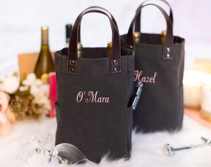 Personalized 2 Bottle Wine Tote Bag, Double Bottle Wine Carrier, Bridesmaid Gift Wine Caddy, Canvas Wine Bag, Custom Name Wine Lover Gift