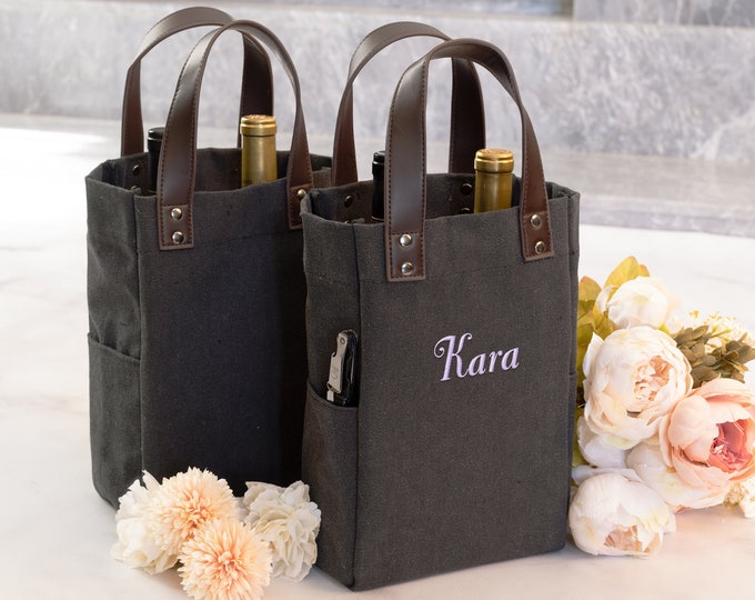 2 Bottle Wine Tote, Personalized Double Bottle Wine Carrier, Bridesmaid Gift Twin Wine Caddy, Canvas Wine Bag, Custom Name Wine Lover Gift