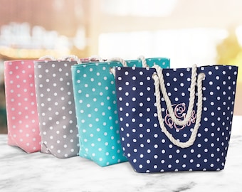 SALE Polka Dot Beach Tote, Personalized Bridal Gift Tote, Bridesmaids Gift Bag, Bridal Party Tote, Set of Welcome Bag, Monogrammed Tote