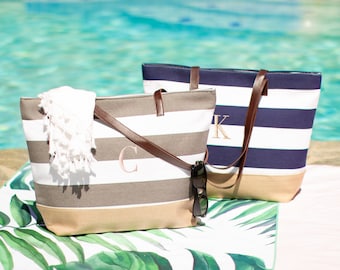 Bridesmaid Gift Tote Bag, Stripe Burlap Beach Bag, Personalized Tote Bag, Bachelorette Party Gift, Nautical Striped Tote Bag