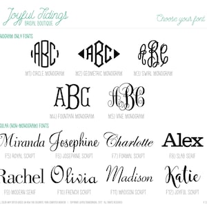 May include: A graphic showing different font styles for monograms and regular text. The fonts are labeled with names like "Circle Monogram", "Swirl Monogram", "Royal Script", "Modern Serif", and "Joyful Script".
