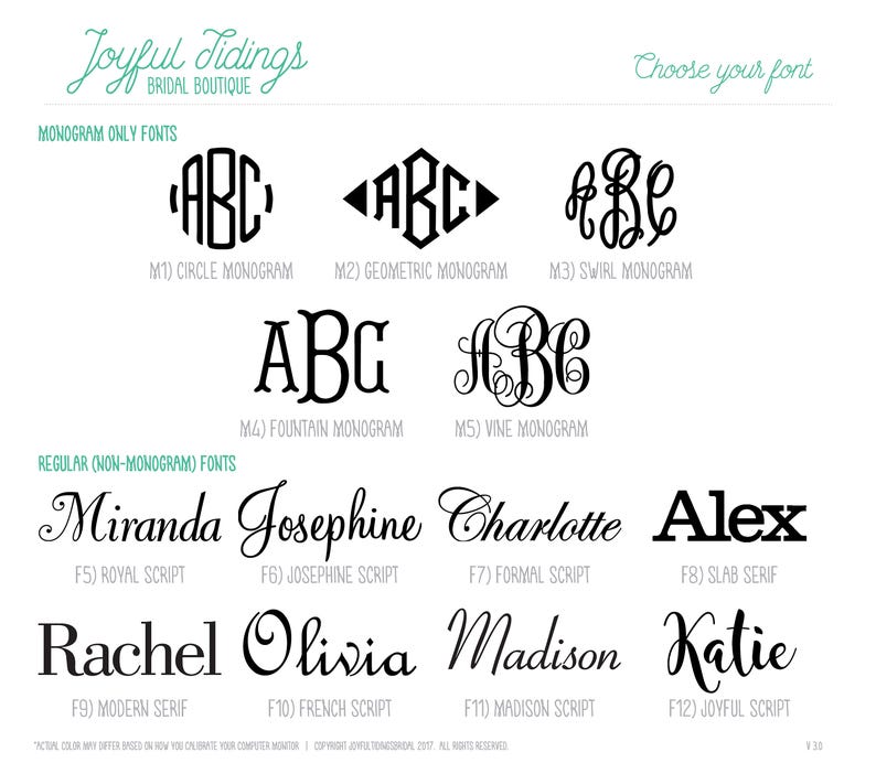 May include: A graphic showing different font styles for monograms and regular text. The fonts are labeled with names like "Circle Monogram", "Swirl Monogram", "Royal Script", "Modern Serif", and "Joyful Script".