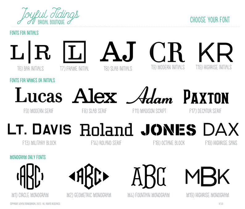 May include: A graphic showing different font styles for initials and names. The fonts are labeled with numbers and names, such as "Bar Initials", "Slab Serif", and "Military Block". There are also monogram fonts labeled "Circle Monogram", "Geometric Monogram", "Fountain Monogram", and "Highrise Monogram".