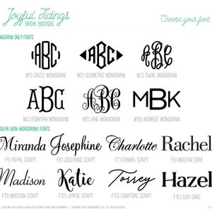 May include: A white graphic with font options for monograms and regular text. The text includes font names like "Circle Monogram", "Miranda", "Josephine", "Charlotte", "Rachel", "Madison", "Katie", "Torrey", and "Hazel".