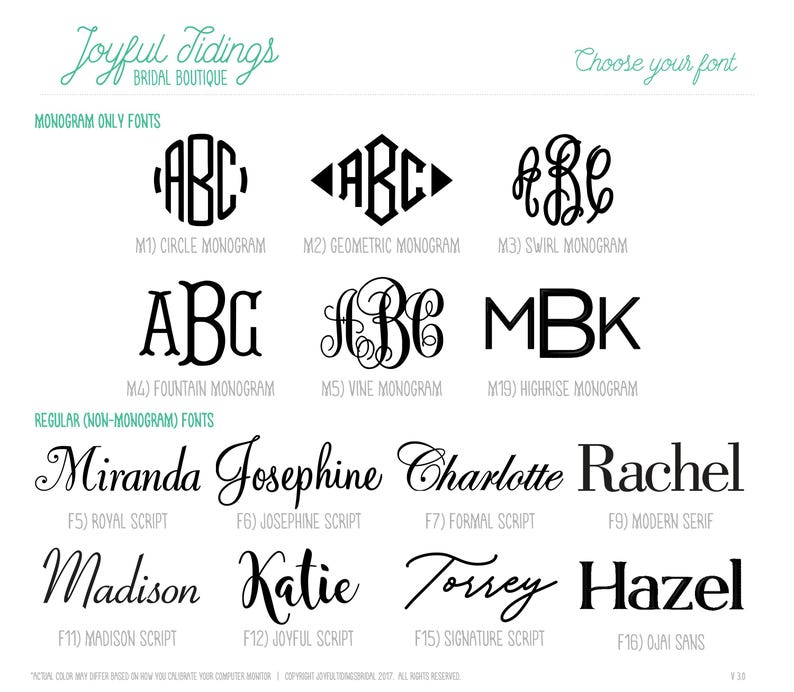 May include: A white graphic with font options for monograms and regular text. The text includes font names like "Circle Monogram", "Miranda", "Josephine", "Charlotte", "Rachel", "Madison", "Katie", "Torrey", and "Hazel".