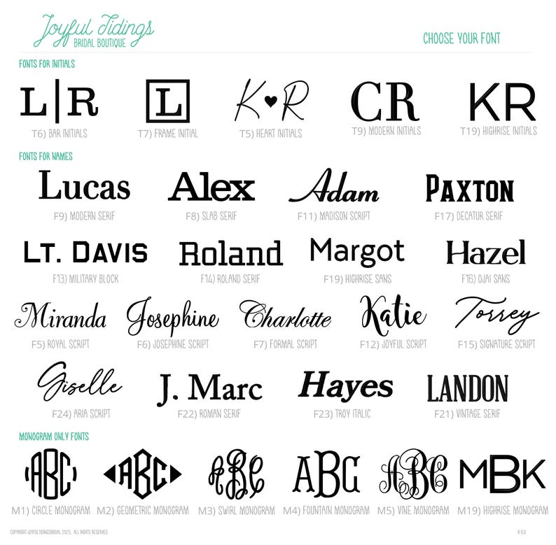 Puede incluir: Una selecci&oacute;n de fuentes para iniciales, nombres y monogramas, incluyendo serif moderno, bloque militar y estilos de escritura. La imagen muestra varias opciones de fuente para art&iacute;culos personalizados, con ejemplos como "Lucas" y "Alex".