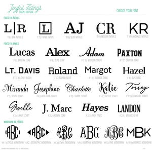 May include: A font selection chart for Joyful Tidings Bridal Boutique featuring black text on a white background. It displays various styles for initials, names, and monograms, each labeled with a specific code like T6, F9, or M1 for customization.
