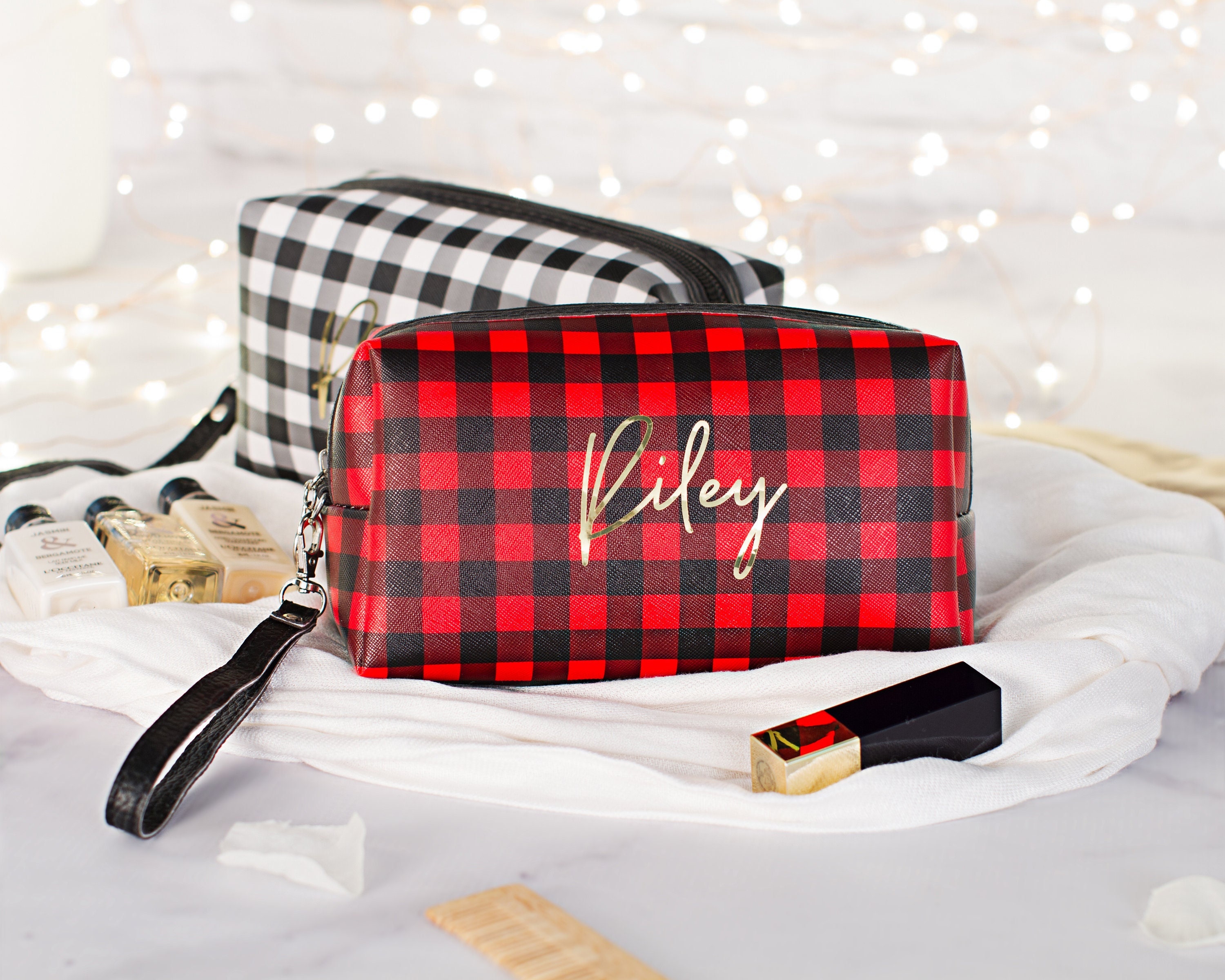 Personalized Cosmetic Bag Buffalo Plaid Makeup Case Holiday 