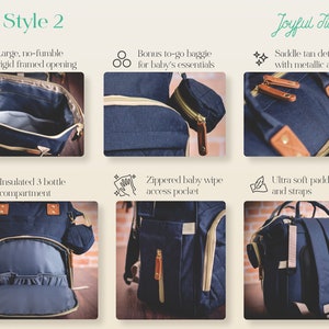 May include: A navy blue diaper backpack featuring a rigid framed opening, a bonus small baggie, saddle tan leather-like details with metallic accents, an insulated three-bottle compartment, a zippered baby wipe access pocket, and padded straps.