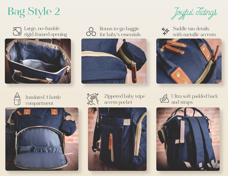 May include: A navy blue diaper backpack featuring a rigid framed opening, a bonus small baggie, saddle tan leather-like details with metallic accents, an insulated three-bottle compartment, a zippered baby wipe access pocket, and padded straps.