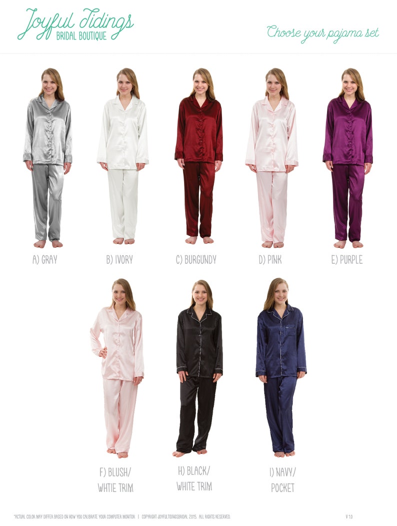 May include: A selection of ten different pajama sets in various colors, including gray, ivory, burgundy, pink, purple, blush, black, and navy. Each set features a long-sleeved top and matching pants. Some sets have white trim or a pocket.