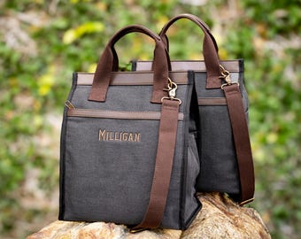 Personalized Men’s Insulated Lunch Bag, Monogrammed Canvas Commuter Lunch Box, Tumbler Pockets & Detachable Strap