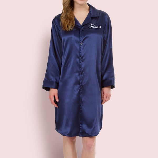 Personalized Nightshirt, Monogrammed Button Down Shirt, Satin Sleepshirt, Custom Holiday Gift, Christmas Pajamas, Cute Gift Ideas for Her
