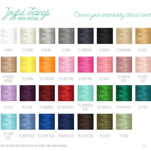 May include: A colour chart displaying 31 different embroidery thread colours. The colours are arranged in rows of four, with each colour labelled with a number and a name. The colours include white, cream, silver, grey, charcoal, black, champagne, gold, bronze antique, lemon, clementine, light pink, hot pink, coral, Turkish rose, rose gold, lilac, plum, burgundy, Tuscan red, Caribbean blue, emerald, evergreen, teal, light blue, misty blue, royal blue, navy blue, espresso, olive, and sage.