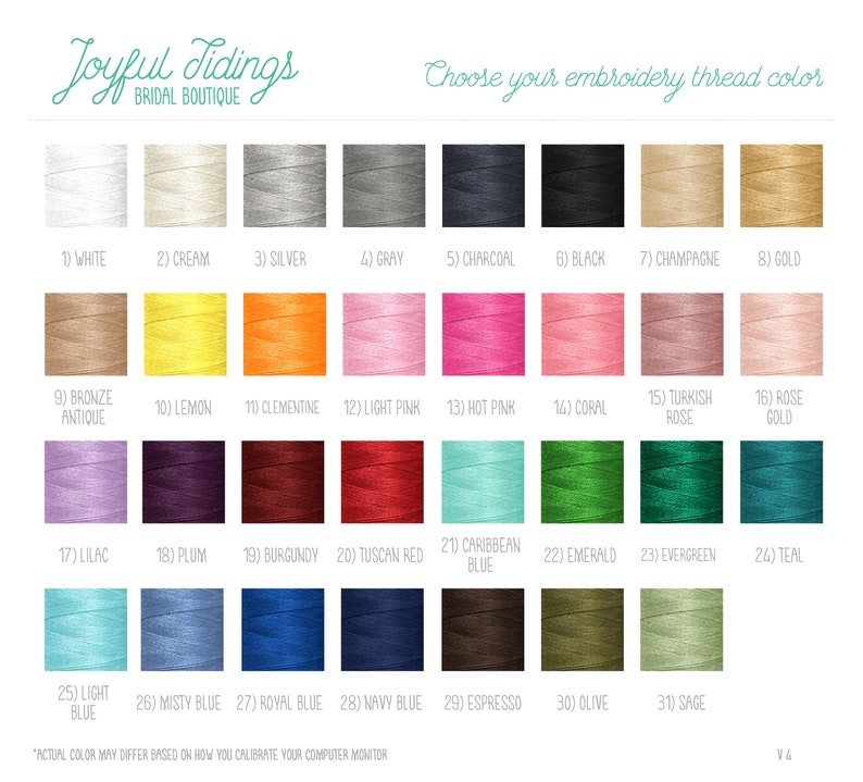May include: A colour chart displaying 31 different embroidery thread colours. The colours are arranged in rows of four, with each colour labelled with a number and a name. The colours include white, cream, silver, grey, charcoal, black, champagne, gold, bronze antique, lemon, clementine, light pink, hot pink, coral, Turkish rose, rose gold, lilac, plum, burgundy, Tuscan red, Caribbean blue, emerald, evergreen, teal, light blue, misty blue, royal blue, navy blue, espresso, olive, and sage.