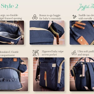 May include: A navy blue diaper bag with tan leather accents and a zippered pocket. The bag has a large, rigid opening, a padded back and straps, and a separate insulated bottle compartment. The bag also includes a small, zippered pouch for baby essentials.