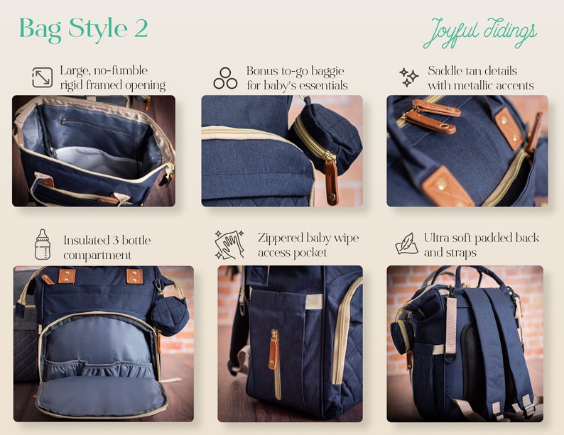 May include: A navy blue diaper bag with tan leather accents and a zippered pocket. The bag has a large, rigid opening, a padded back and straps, and a separate insulated bottle compartment. The bag also includes a small, zippered pouch for baby essentials.