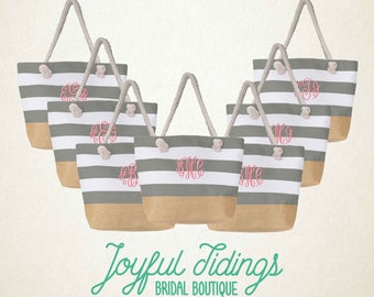 BULK SALE Set of 7+ Gray Stripe Monogrammed Beach Tote Bag, Bridal Gift Tote, Large Beach Bag, Bridesmaid Gift Bag, Bridal Party Bags