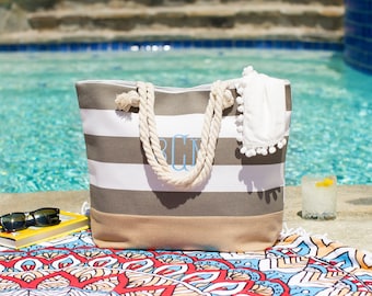 Personalized Initial Canvas Beach Bag Monogrammed Gift Tote Bag for Women