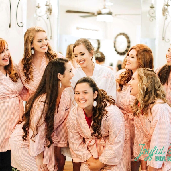 BULK SALE Set of 7+ Personalized Coral Stripe Seersucker Robe, Bridesmaid’s Gift, Bridal Party Robe, Bridesmaids Robe, Wedding Bridal Robe