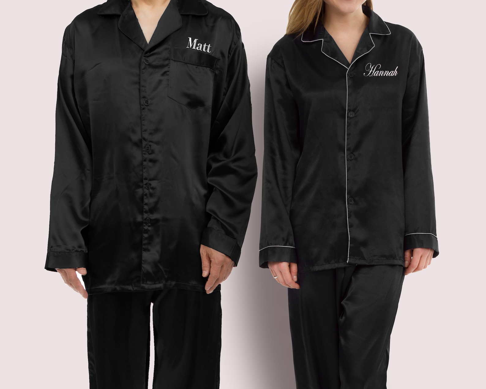 His and Hers Personalized Black Satin Pajama Sets Couples Etsy
