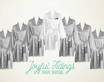 SALE Set of 7+ Personalized Gray Silver Satin Kimono Robe, Bridesmaid’s Gift, Bridal Party Robes, Set of Bridesmaids Robe, Wedding Robe