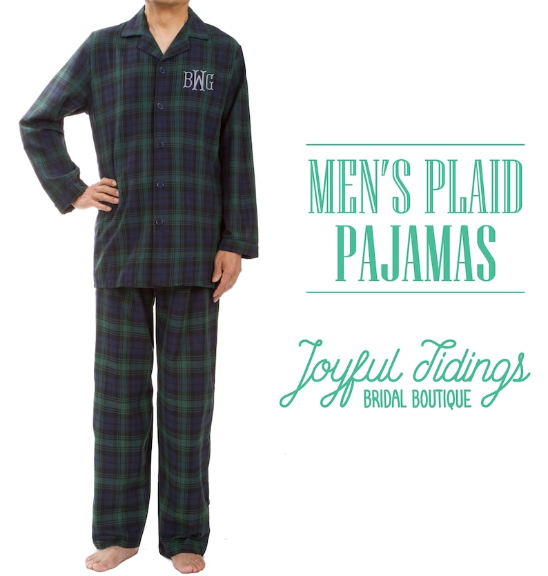 May include: Green and blue plaid pajamas with a white monogram on the left chest. The text "MEN'S PLAID PAJAMAS" is in green text on a white background. The text "Joyful Tidings BRIDAL BOUTIQUE" is in green cursive text on a white background.