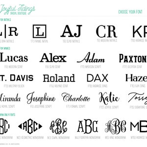 May include: A chart displaying various font styles for names and initials. The fonts are categorised as "Fonts for Initials" and "Fonts for Names". The chart features a range of fonts, including serif, sans serif, script, and block fonts. The chart also includes a section for monogram fonts.