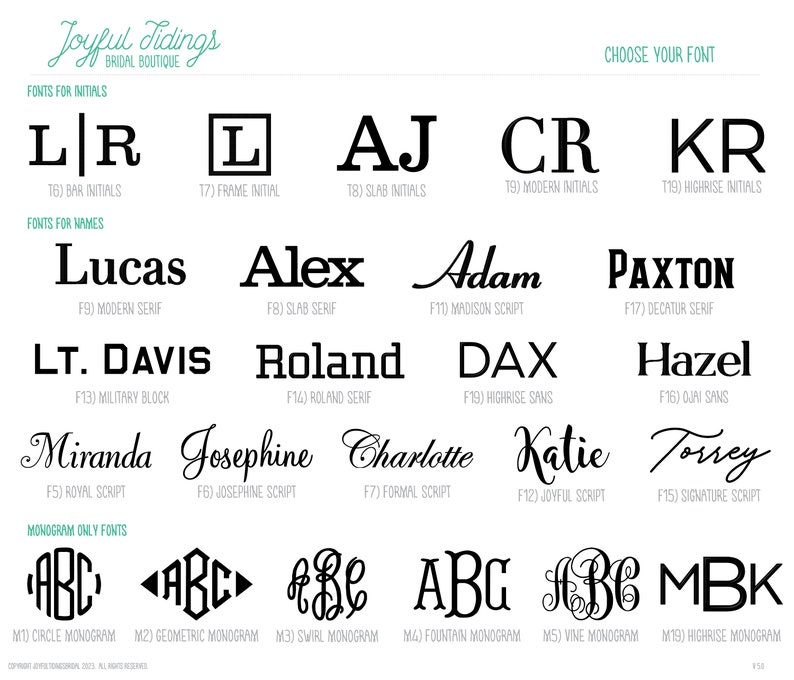May include: A chart displaying various font styles for names and initials. The fonts are categorised as "Fonts for Initials" and "Fonts for Names". The chart features a range of fonts, including serif, sans serif, script, and block fonts. The chart also includes a section for monogram fonts.