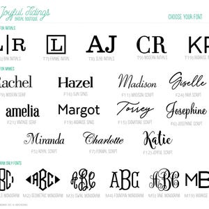 May include: A font selection chart for Joyful Tidings Bridal Boutique featuring black text on a white background. It displays various styles for initials, names, and monograms, labeled with codes like T6, F9, and M1, showcasing serif, sans, and script fonts.
