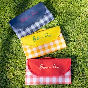 Puede incluir: Tres mantas de picnic con estampados de cuadros en azul marino, amarillo y rojo. Cada manta tiene una solapa a juego con el texto "Besties in Paris" en cursiva. Las mantas est&aacute;n dobladas y colocadas sobre hierba verde.