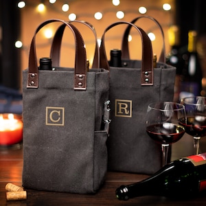 Double Bottle Custom Wine Bag Gift, Wine Christmas Present, Hanukkah Holiday Wine Gift Tote, Twin Wine Caddy, Leather Handle Wine Carrier