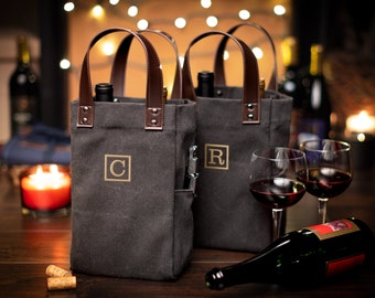 Bolsa de vino personalizada para dos botellas, regalo de vino para Navidad, bolsa de regalo de vino para Hanukkah, carrito doble para vino, portador de vino con asa de cuero