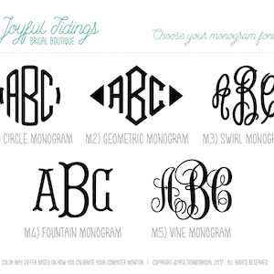 May include: Five different monogram font styles are shown: Circle, Geometric, Swirl, Fountain, and Vine. Each style is displayed with the letters "ABC" in black.