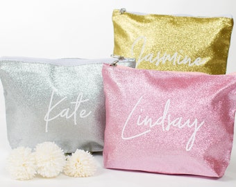 Custom Name Glitter Cosmetic Bag, Bridesmaid Gift Personalized Glitter Makeup Case, Wedding Gift Bridal Gift, Gold Bag Silver Toiletry Pouch