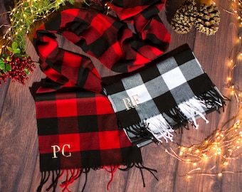 Personalized Buffalo Plaid Scarf, Custom Holiday Gift for Her, Red Plaid Grey Tartan Scarf, Christmas Gift for Coworkers, Soft Plush Gift