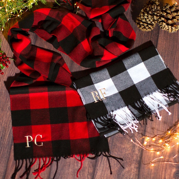 Personalized Buffalo Plaid Scarf, Custom Holiday Gift for Her, Red Plaid Grey Tartan Scarf, Christmas Gift for Coworkers, Soft Plush Gift