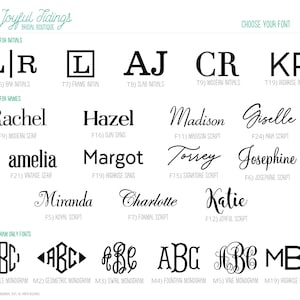 May include: A white graphic with font options for initials, names, and monograms. The text includes the words "Joyful Tidings Bridal Boutique" and "Choose Your Font". Various font styles are displayed.